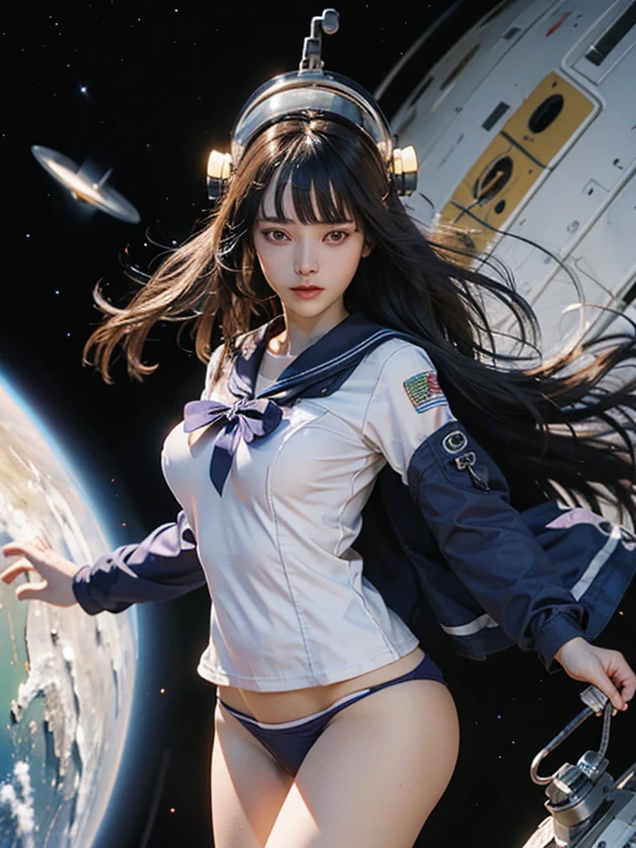 An unbeatable masterpiece, Ultra-photorealism, Perfect artwork, Intricate details, highest quality, Strong light,High Contrast, alone , big breasts , Misipos , One girl ,((sailor suit 1.3))、((Spacesuit:1.1) , ((I can see her panties)):1.5, furnace , Staravia , Moon ,Misipos , floating hair , Floating in the air ,SF , Space Station , Helmet in hand ,headgear , Black Hair , Wavy Hair , Long Hair ,(Blunt bangs) , floating hair , Purple eyes ,White Eyes