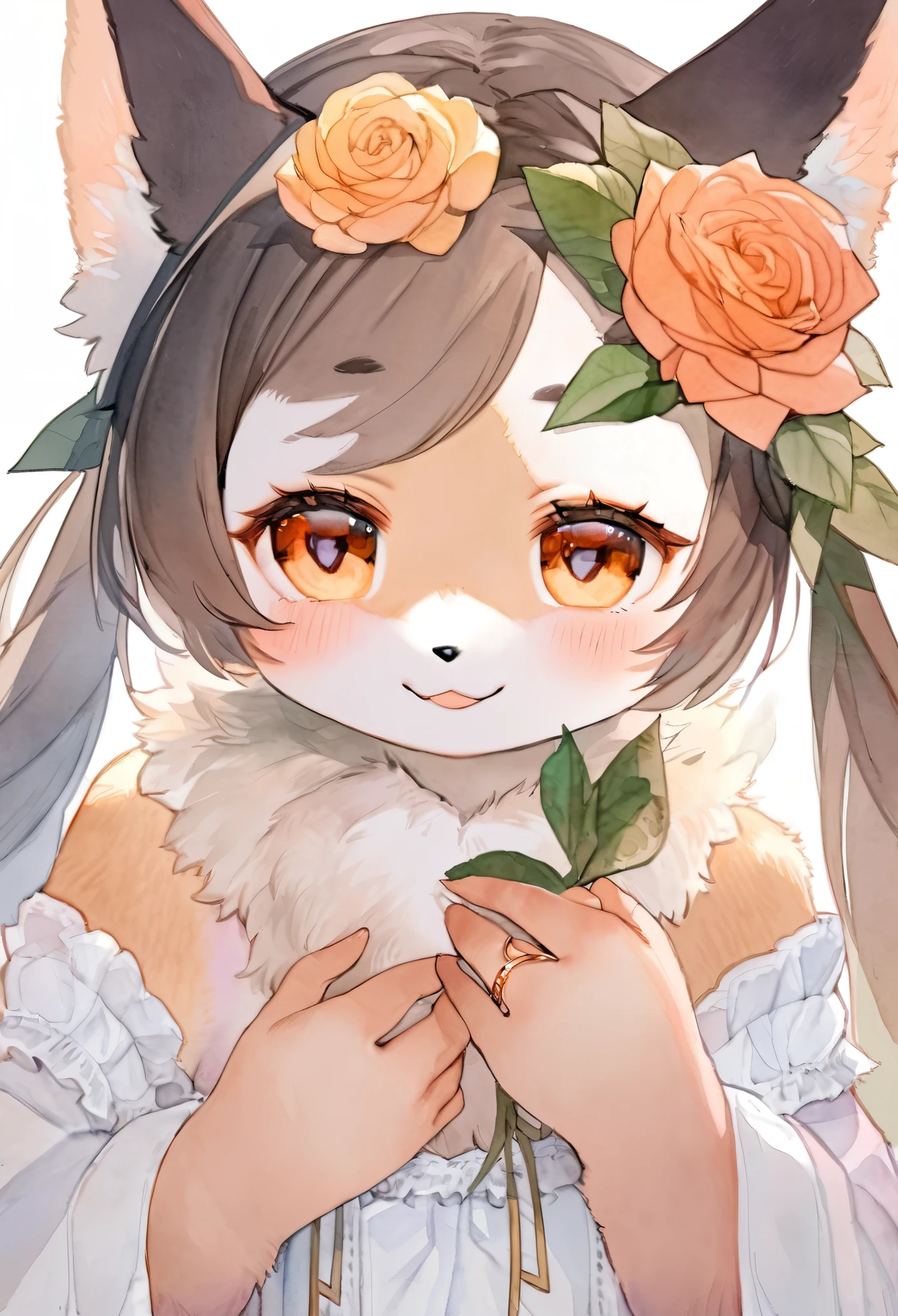 watercolor, highres, top quality, best quality, paid reward available, High-quality illustrations, unparalleled masterpiece, perfect artwork, absurdres, 1girl, kemono, furry, detailed body fur, animal face, animal hand, Archaic Smile, holding a cluster of orange Rose in both hands, which are positioned at chest level, She is wearing a simple ring on the ring finger of her left hand, unfocused spread of orange rose, fan-created work shared on platforms Pixiv or Twitter,
