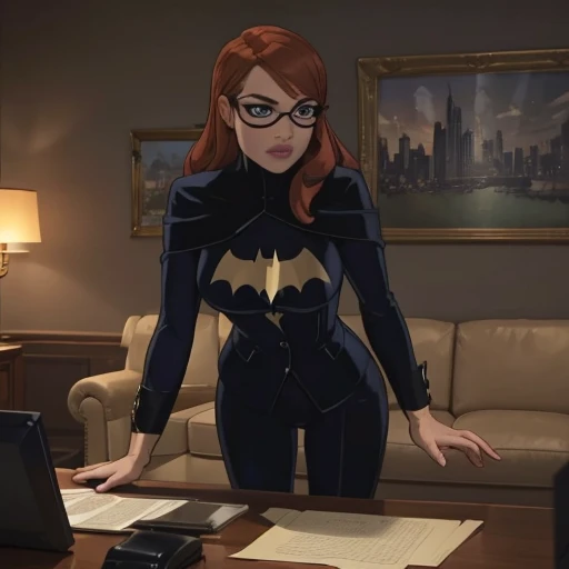 (masterpiece, high quality) 1woman and 1 man, (woman  is barbara gordon with formal business suit, shirt, pants, solo , looking at viewer, perfect face, suits Navy blue, crystal blue eyes, eyelashes, makeup, sitting on a leather black luxurious sofa, office, skyscraper, full body, she is the boss، one leg to the side),  (the man is bruce wayne standing near her)