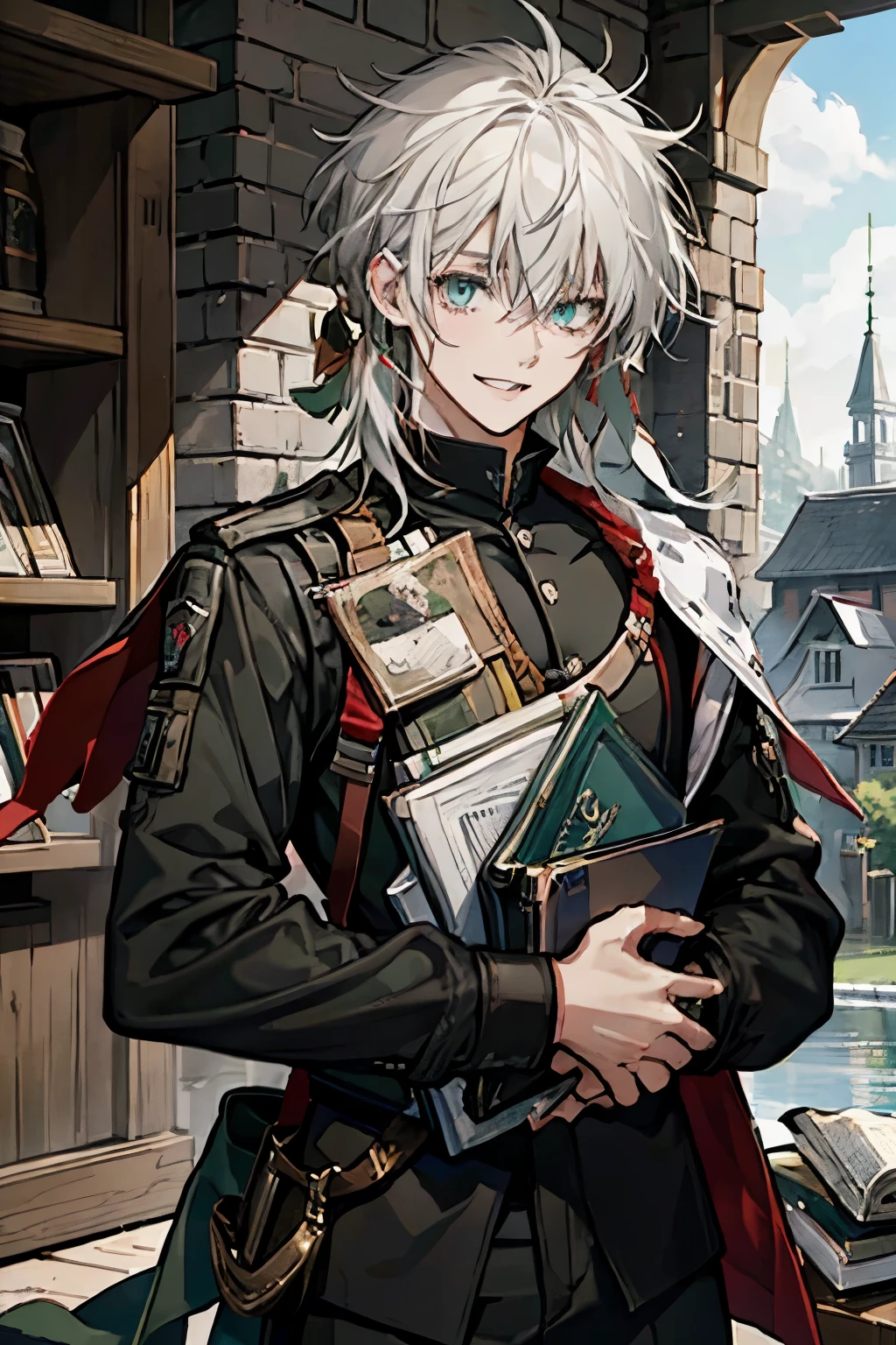 Dark Background、Town、youth、White Hair、Green Eyes、Shortcuts、laughing、Book