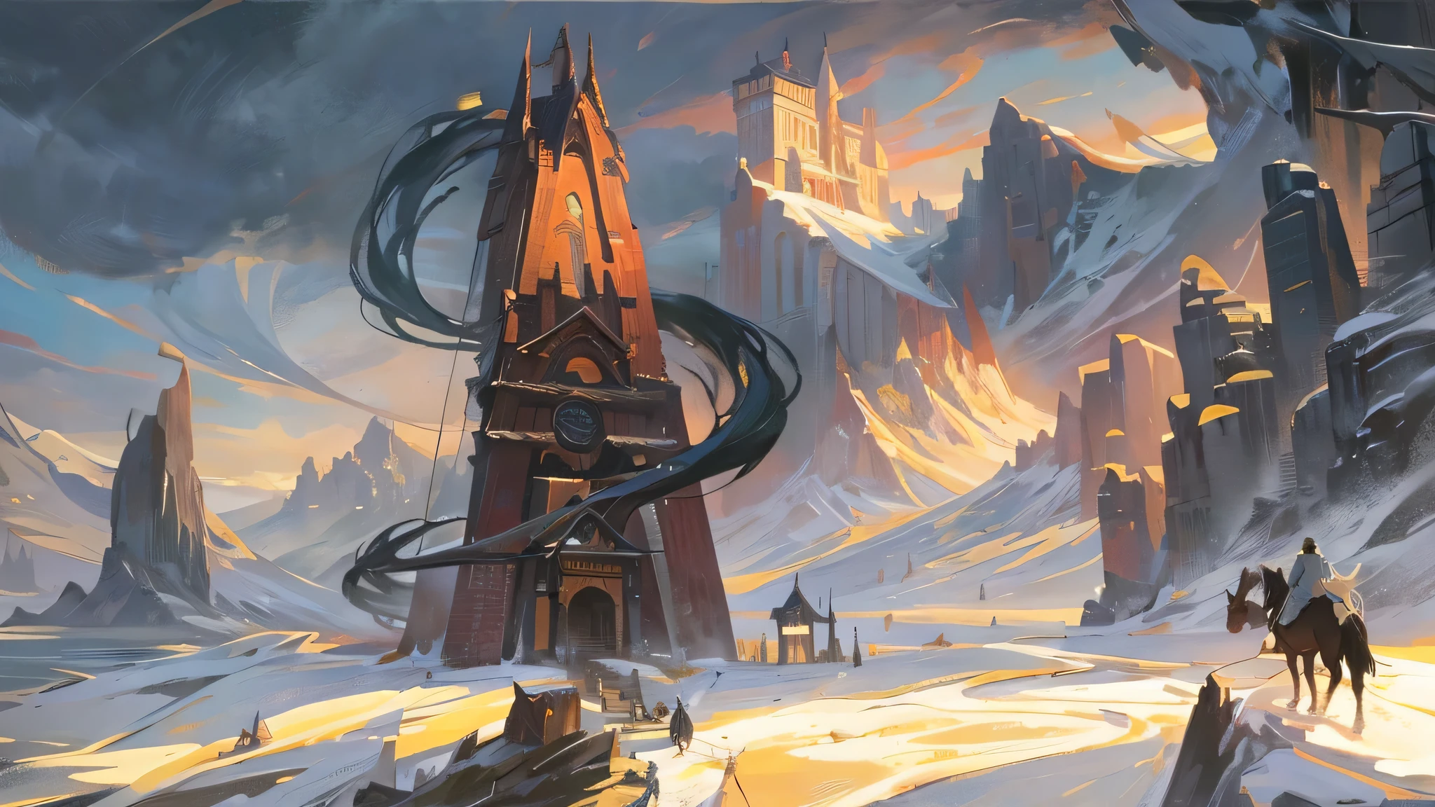 There is a painting，Painting of a man riding a horse in the snow, Cool colors，Winter concept art, Draw as game concept art, fantasy concept art, Concept painting, Painting concept art, Digital Concept Art, Concept art illustration, conceptartworld, Concept World Art, Smooth Digital Concept Art, Illustration Concept Art, concept art style, Concept Art Wallpaper 4K