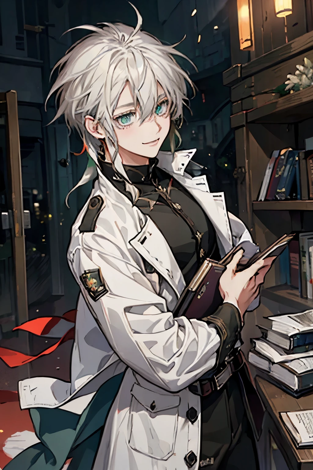 Dark Background、Town、youth、White Hair、Green Eyes、Shortcuts、laughing、Book