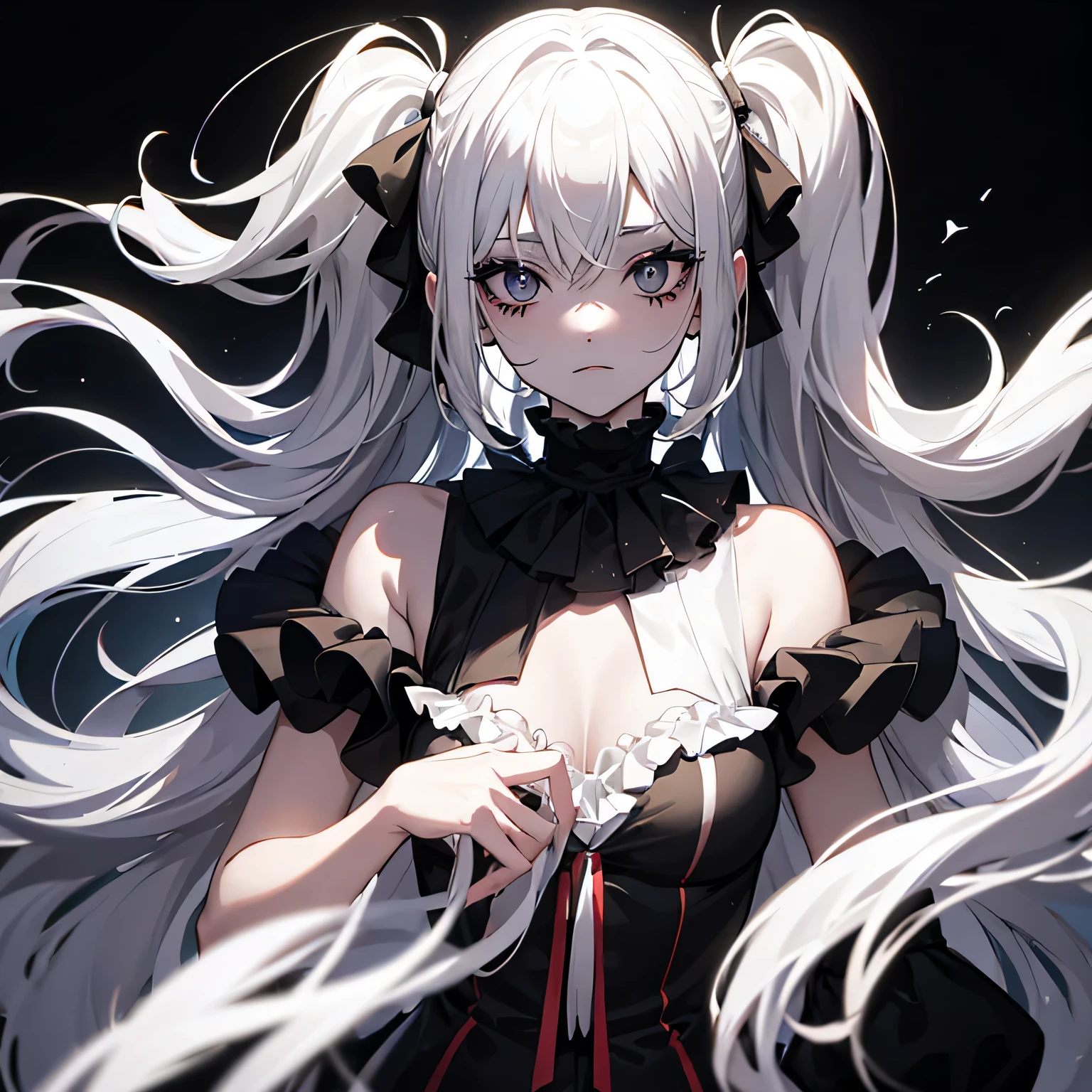 2D clown anime girl with clown clothes seen from the front with black lips white hair with black and white clown makeup who is looking straight at the camera with her arms down
