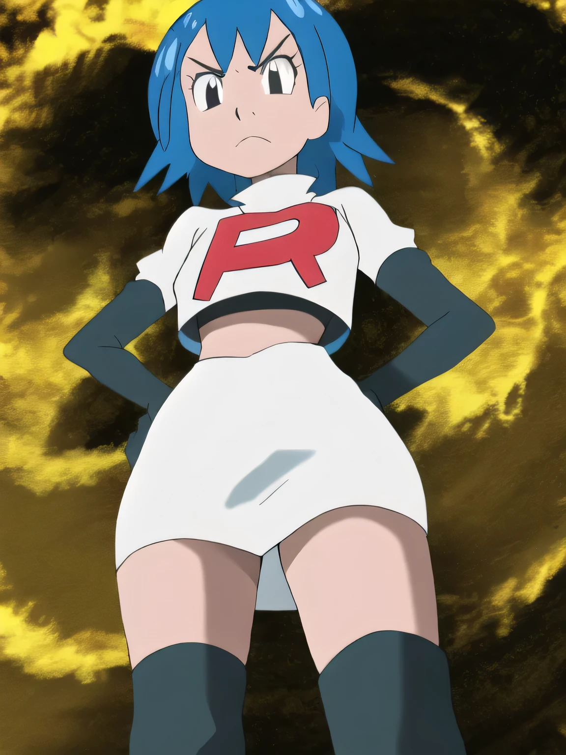8k, masterpiece,highres,team rocket uniform, red letter r, white skirt,white crop top,black thigh-high boots, black elbow gloves, glaring angrily, looking down at viewer, hands on hips, cowboy shot, zettai ryouiki,from below, black panties,anime style, vivid colors, sharp focus, intense lighting,