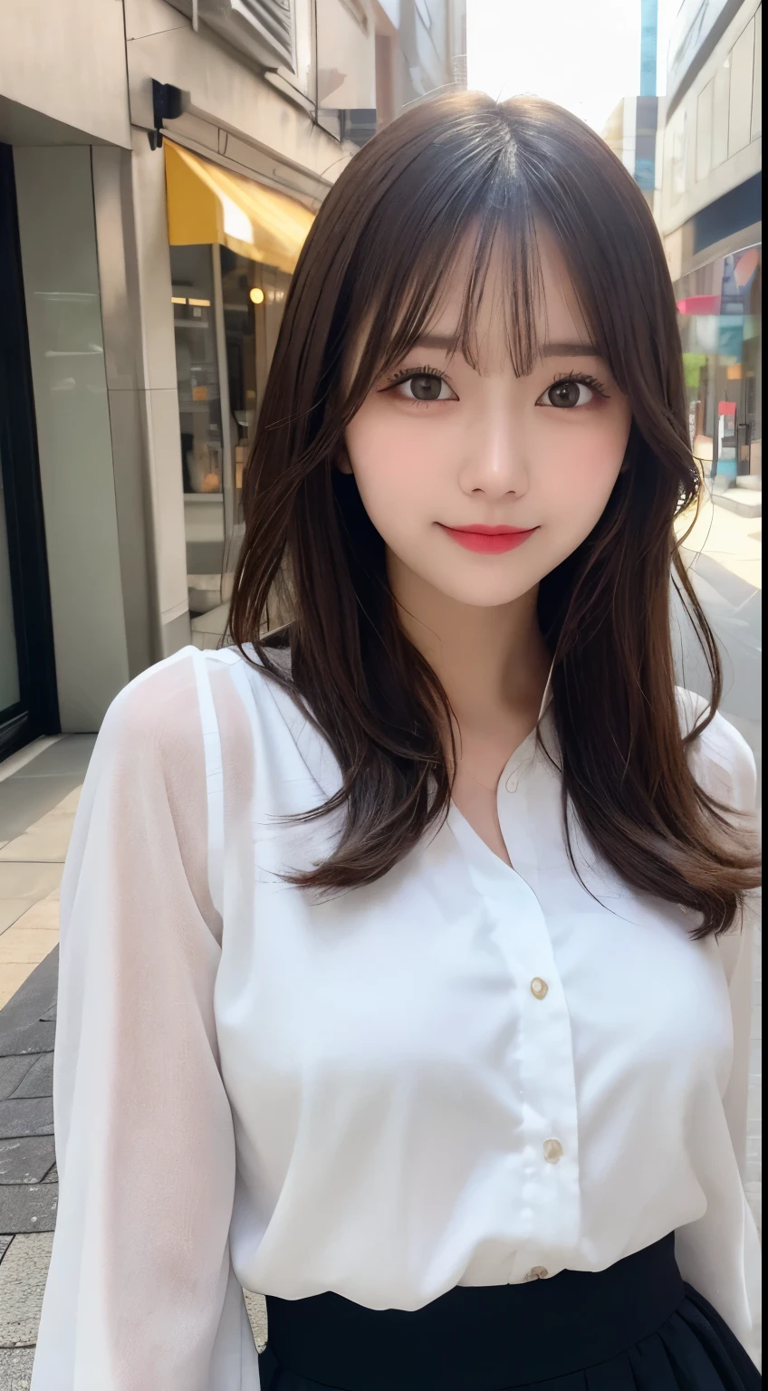Tabletop, highest quality, shape, Very detailed, finely, High resolution, 8k wallpaper, 完璧なダイナミックな構shape, Beautiful and detailed,ランダムなcute髪,,Natural color lip, bold sexy pose,smile、20-year-old girl、cute、Looking at the camera,Perfect and beautiful face,Slim face and figure,Big eyes、Putting on gal makeup,Small face、はにかんだsmile,Sheer white blouse、flare skirt、blurred background、office Street