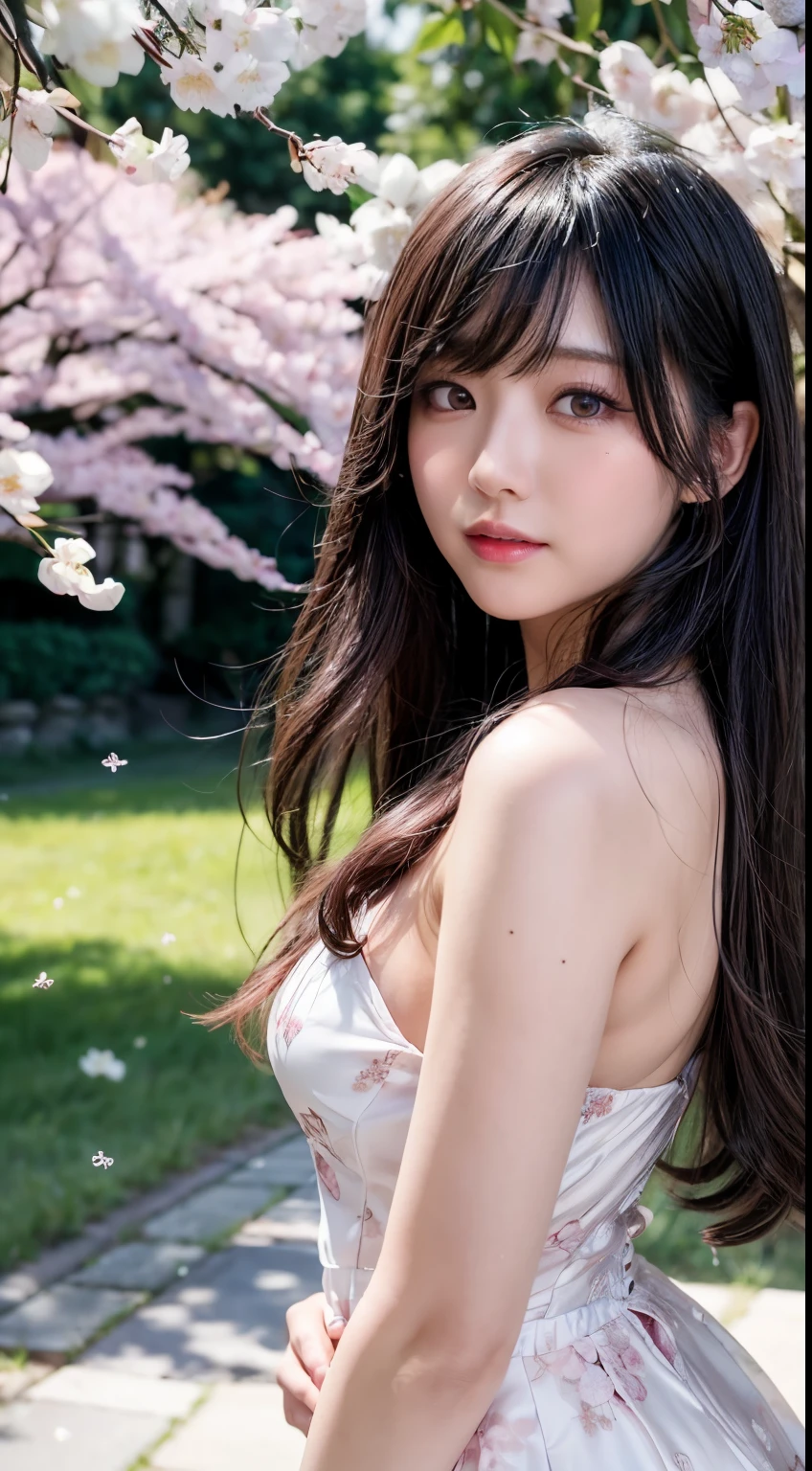 (logo、masterpiece、8k、Tabletop、RAW Photos、wonderful、最high quality、フォトリアリスティックでVery detailedな CG 統合 8k 壁紙、high quality、Very detailed、Narrative poem、Particle Effects、Dynamic Effects、Written boundary depth、Cinematic Light、Lens flare、Ray Tracing)、Fantasy、 (One beautiful woman、dress、dress、Cherry blossom pattern、Black-haired、Beautiful Face、True Face、Beautiful details、eye、Beautiful Skin)、髪がWindで踊る、Hair flutters in Wind、Hair bounces、Pink cherry blossom tree、Petals fluttering、SakuraFubuki、wonderful景色、sunrise、Sun in the background、Wind、