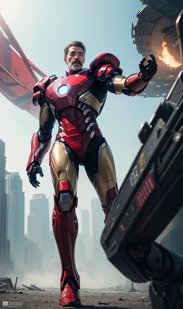 1man with mustache, focus male, handsome man with mustache,RAW, Masterpiece, Super Fine Photo,, Best Quality, Ultra High Resolution, Photorealistic Photorealism, Sunlight, Full Body Portrait, Amazing handsome,,Dynamic Pose,Delicate Face,Vibrant Eyes,(From the side), he (1man with mustache) Wears Futuristic Iron Man Mech, Red and Gold Color Scheme, Detailed Face, Detailed Complex Busy Background, Messy, Gorgeous, Milky White, Highly Detailed Skin, Realistic Skin Details, Visible Pores, Sharp Focus, Volumetric Fog, 8K UHD, DSLR, High Quality, Film grain, fair skin, photorealism, lomography, sprawling metropolis in futuristic dystopia, seen from below, translucent,