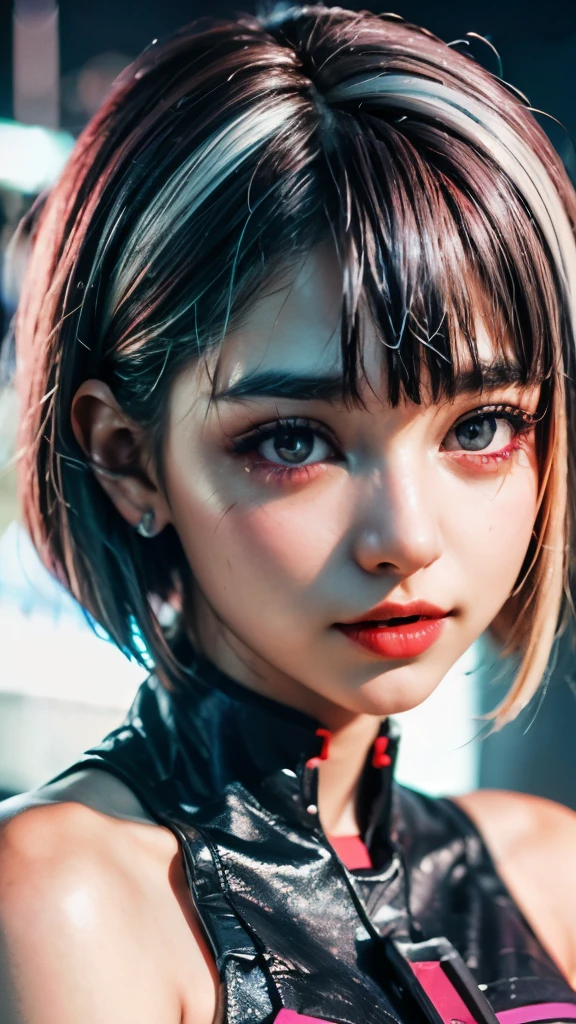A colorful Bob cut haired punk girl, smooth white skin, innocent look, 15 years old, ear percings, Ultra high res, uhd, (photorealistic:1.4), cyberpunk outfit, winking, smiling ear to ear, neon lighting