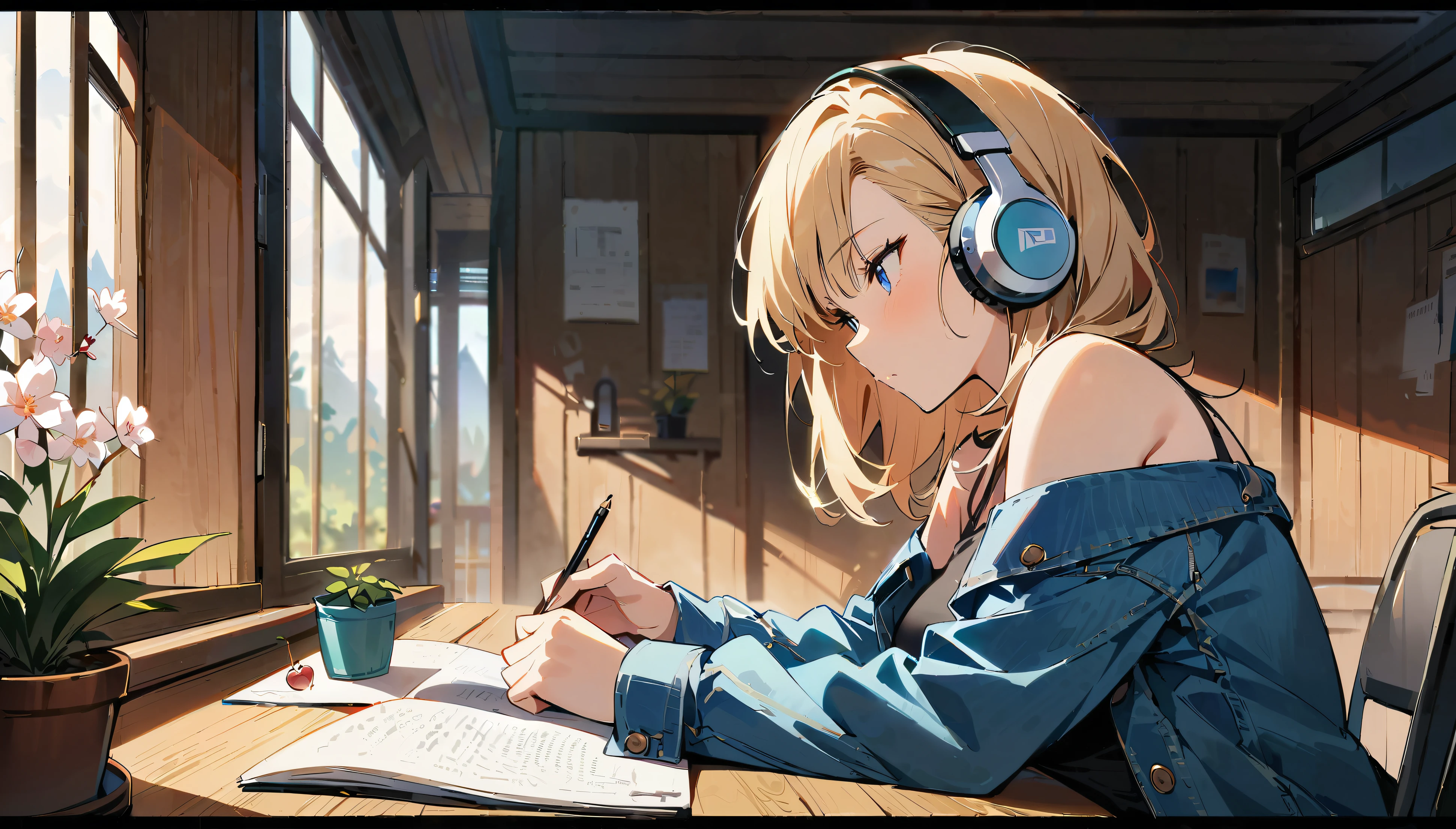 (masterpiece, best quality:1.2), 1girl, solo, Android 18 from Dragon Ball in her chic and pristine log cabin room, slender figure, (wearing white headphones), short blonde hair, blue eyes, earrings, jewelry, denim jacket, striped off-shoulder long sleeves, exposing her shoulders, black cropped camisole, denim skirt, black pantyhose, seated at her stylishly organized desk intently writing in a journal, completely absorbed in documenting her thoughts, desk has a modern desk lamp, potted plant, an additional small potted plant in the foreground, chic log cabin style wooden walls, minimalist yet tasteful room decor with no clutter, large window with cherry blossoms blooming outside, side view, 4K