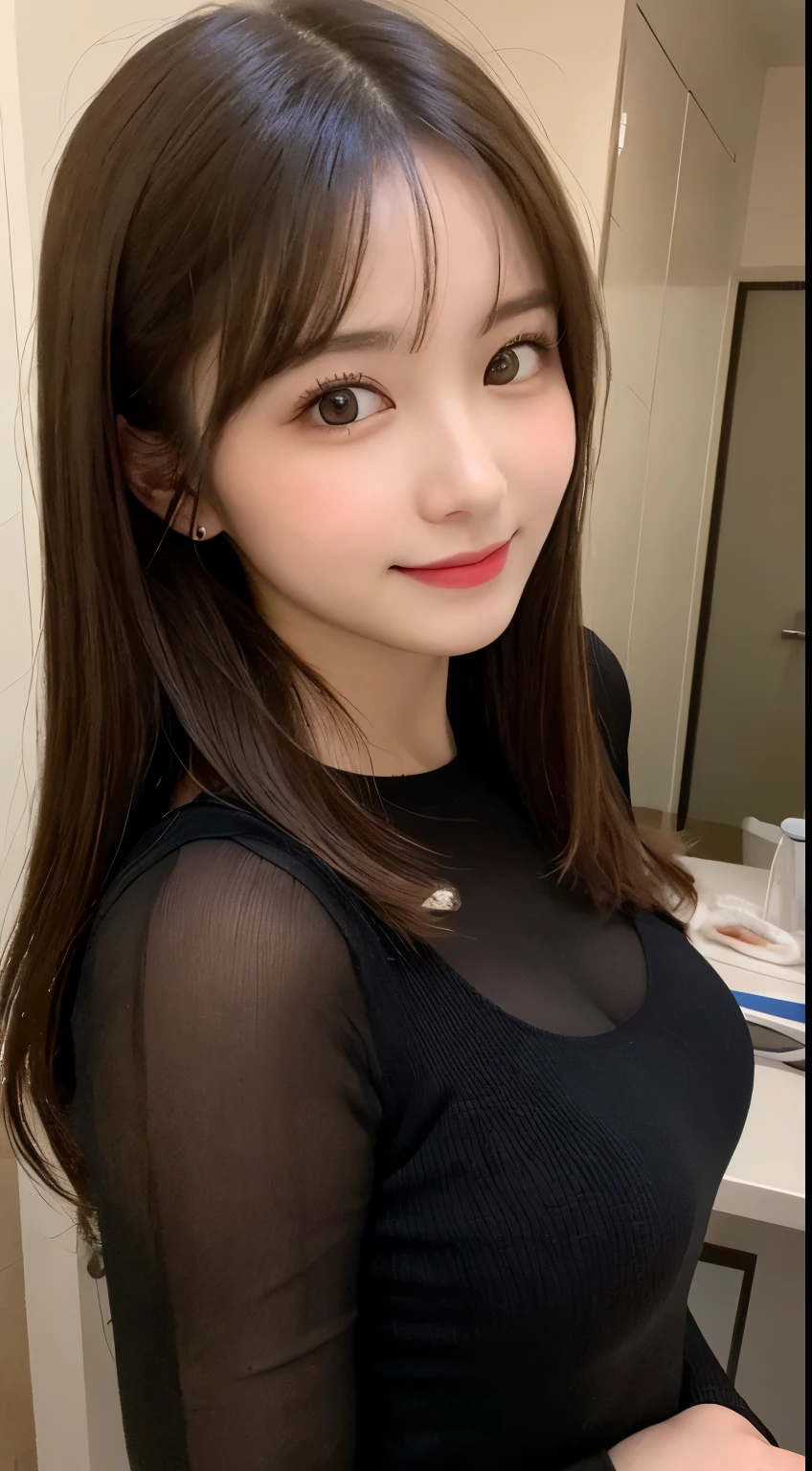 Tabletop, highest quality, shape, Very detailed, finely, High resolution, 8k wallpaper, 完璧なダイナミックな構shape, Beautiful and detailed, Straight hair, Small breasts, Natural color lip, Random sexy poses,smile,20-year-old girl、Midnight、Beautiful and dense face、Perfect and beautiful face,Big eyes、RAW Photos、Expressing feminine poses with the whole body、Beautiful and detailed、Small face、Beautiful Duplex、Slim face and figure,Beautiful golden ratio face、Cute Dresses(Long sleeve)、Please make a cute face