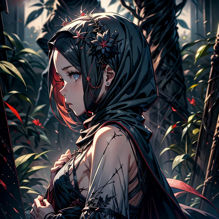 gorgeous, masterpiece, best quality, highres,4k, wallpaper, intricate, detailed, rpg, lord of the rings, vintage, dark room, indoor, poor, no money, small breast,kneel down prayer, Three Strand Braid hair, profile, not facing viewer.Muslim abaya,
Masterpiece, Best Quality, High Quality, 1 blind , children, young girl, poor,cloth blindfold, wear black Muslim abaya, praying, Medieval style, cloth cover eyes, (surrounded by grey light),, (Darkness:1.8), Abstraction, Award-winning photography, Depth of field, HDR, Very detailed, Trending in art stations, Trending in CGsociety, Complex, High detail,(Masterpiece:1.2, Best Quality), (dark Lighting, Very Delicate and Beautiful), (Beautiful Detailed Face), (Detailed Face:1.2), gray dark hair, pale skin, pointy_ears, thorns
scar on hands, cross scar on body, sad face, innocent, not looking camera, looking to the ground, blindfold, not showing eyes, bonny, skinny body, small chest, great devoutness