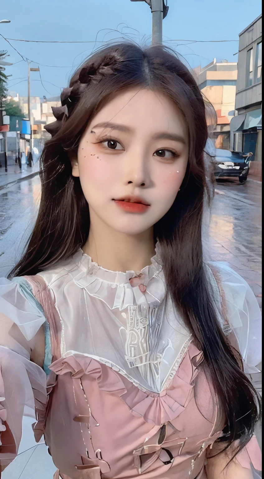 ((best quality, 8k, masterpiece: 1.3)), Key Points: 1.2, Perfect body beauty: 1.4, Hips: 1.2, (Layered Hairstyle: 1.2)), (rain, street:1.3), Highly detailed face and skin texture, Beautiful eyes, Double eyelids, Skin Whitening, Long hair, (Round Face: 1.5), Sweet_Lolita