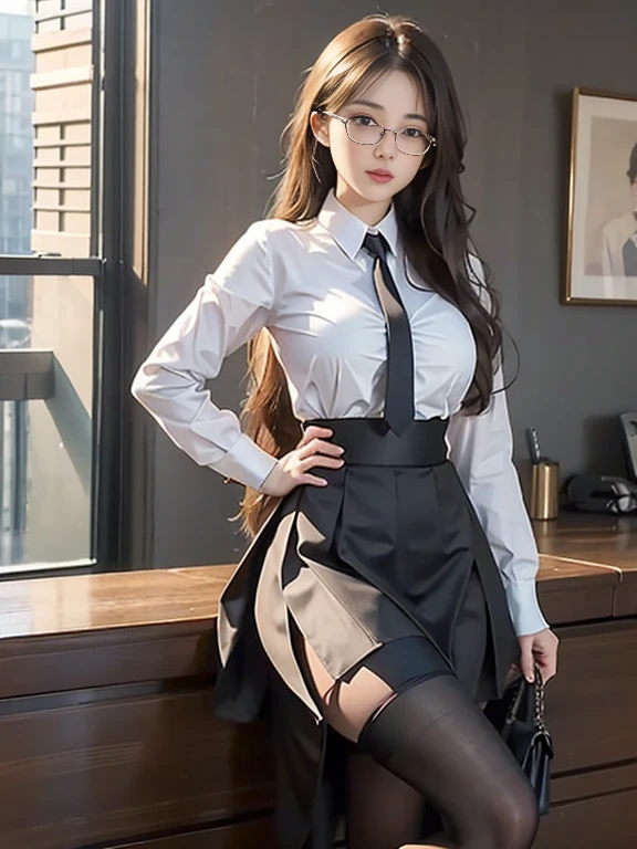 ulzang-6500-v1.1, (original photo:1.2), (Reality:1.4), Beautiful and meticulous girl, Very detailed eyes and face, Beautiful and delicate eyes, ridiculous, Unbelievably ridiculous, Huge file size, Ultra Detailed, high resolution, Very detailed, best quality, masterpiece, ((Fashion clothing，Various colors)), illustration, Very detailed, CG, Unite, 8k wallpaper, Astonishing, Fine details, masterpiece ,best quality, Very detailed CG uniform 8k wallpaper, There is light on the face, Movie Lighting, 1 girl, 36 years old, long white hair, side splits, (Large Breasts), ()), (Glasses), ((Dynamic poses))), ((Sexy pose))), (Camel toe), (half), (Pantyhose)), ((Black hip skirt))