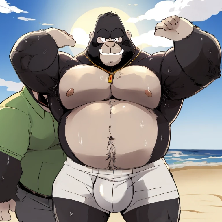 Chubby, furry,male , anthro Big Daddy (Sing), bright fur, cream fur, black hair, very plump, middle aged , mouth covered mustache,Thick beard, seductive , detailed , no clothes, naked, lifted up, chest and belly exposed, hyper detailed bulge:1.65, hyper pecs:1.75, extremely hot and sexy, eye ls half closed, black pupils, eye contact, seductive, horny, hot, sweaty, beach setting, afternoon, blue sky, hot temperature, day time, one arm raised, hairy armpit, by hyaku