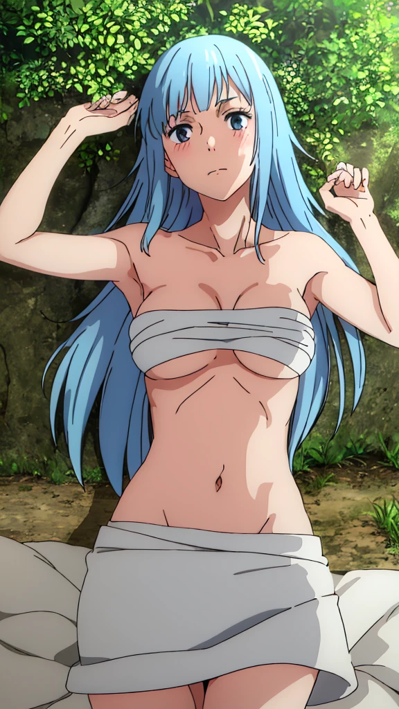 masterpiece, High resolution, alone,Adult women, 8k, detailed, Perfect Face, highest quality, (super high quality), (lying on the ground), (Underarm), clavicle, Bare arms, Big Breasts,tall, topless,Cleavage, Blue Hair, Long Hair, dark blue eyes, stomach, Stomach, belly button, stomach筋, Opened Sarashi Chest, Open front bandage chest, (White color too), The body is slim, Upper Body, blush,, Mouth closed, In the forest, Raise your hand