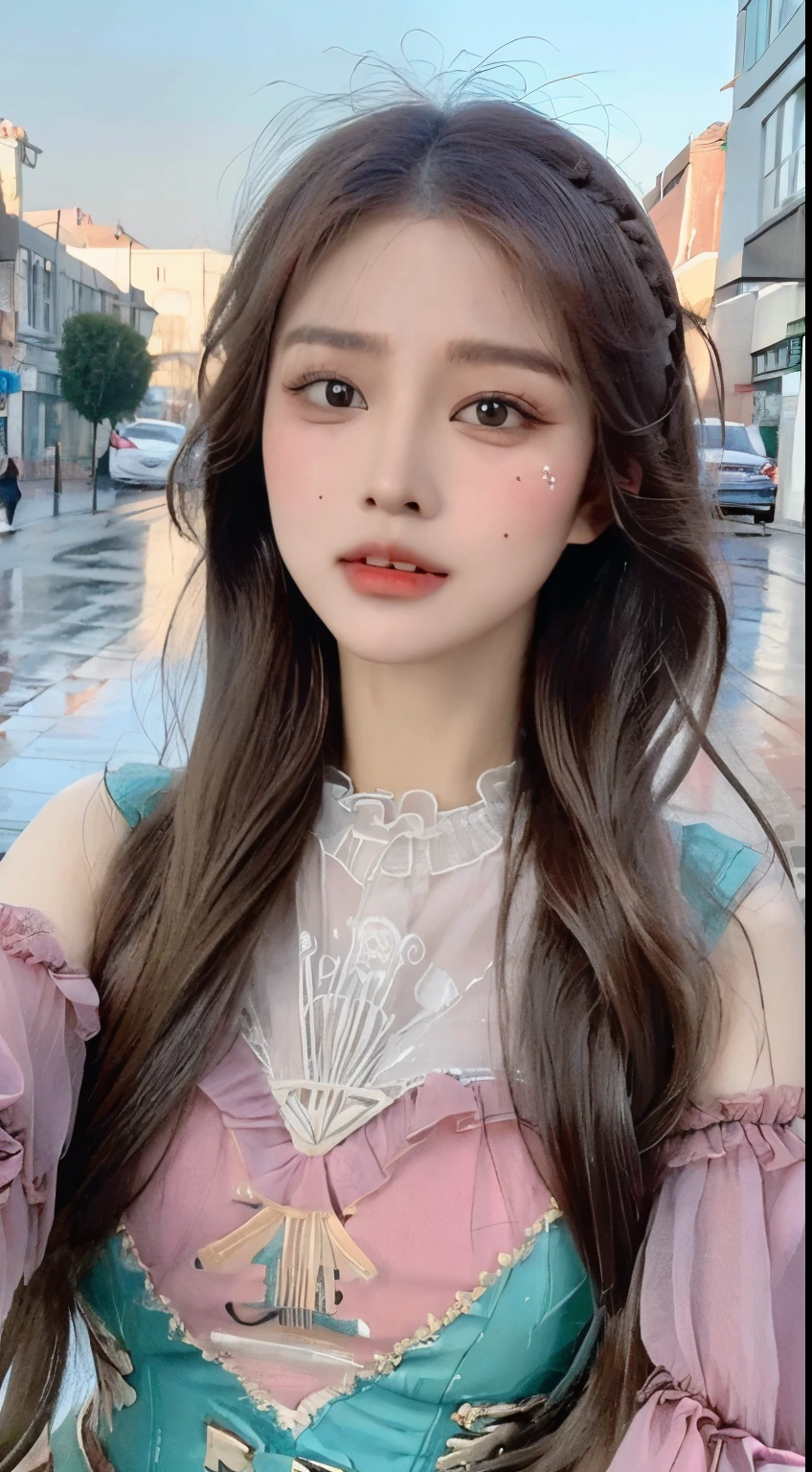 ((best quality, 8k, masterpiece: 1.3)), Key Points: 1.2, Perfect body beauty: 1.4, Hips: 1.2, (Layered Hairstyle: 1.2)), (rain, street:1.3), Highly detailed face and skin texture, Beautiful eyes, Double eyelids, Skin Whitening, Long hair, (Round Face: 1.5), Sweet_Lolita