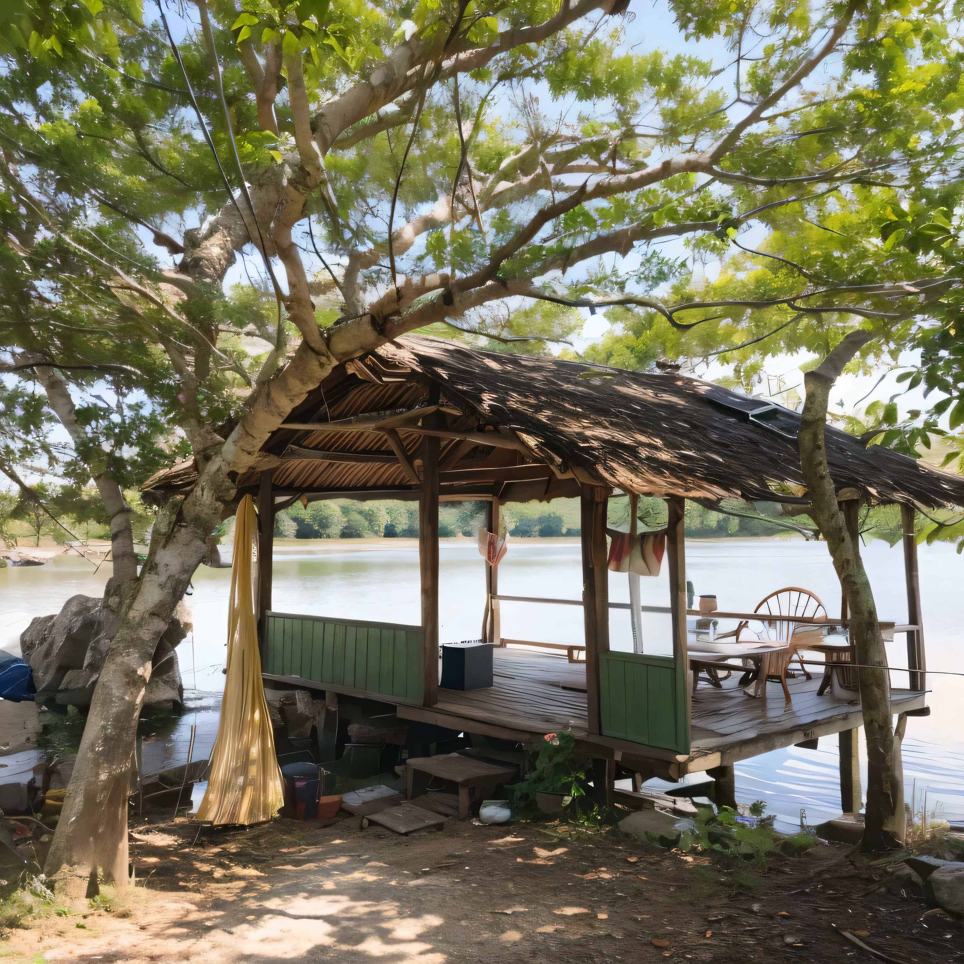 there is a small hut on the shore of a lake, peaceful environment, hut, lake house, pavilion, peaceful, beautiful image, small dock, a wide full shot, boat dock, serene environment, peaceful and quiet, peaceful scene, beside the river, lake view, bamboo huts, very relaxing, next to a river, clean image, front side view