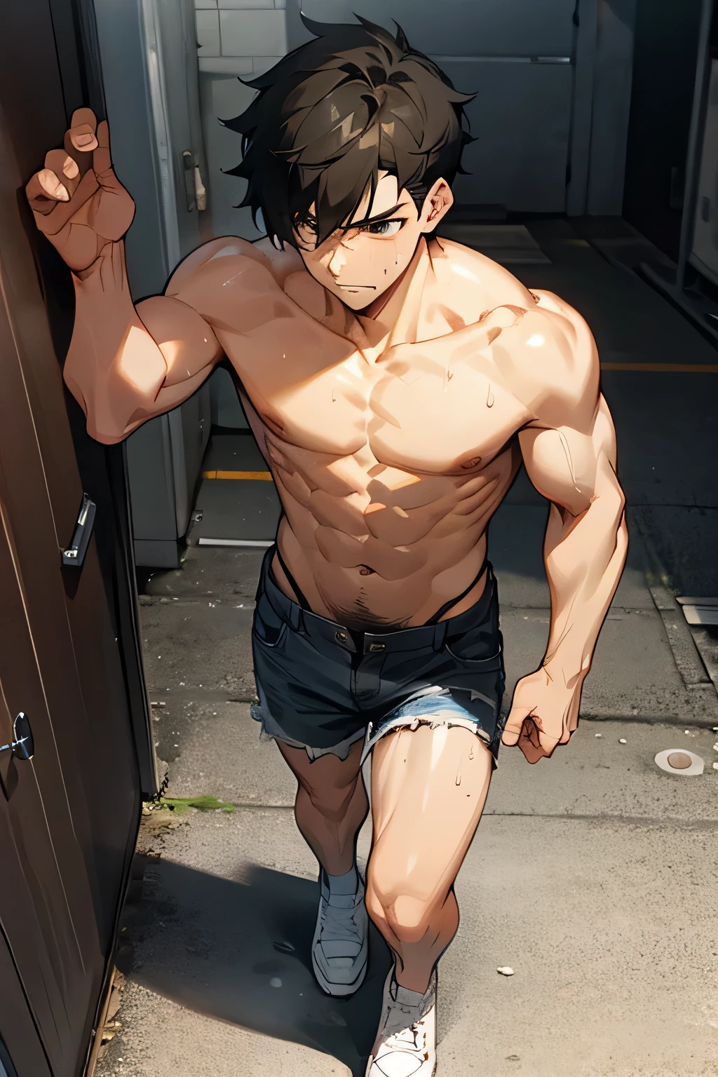shirtless handsome manly short black hair caucasian male in tattered short jeans and sneakers, shirtless, sweating profusely, drenched with sweat, exhausted, panting, walking
