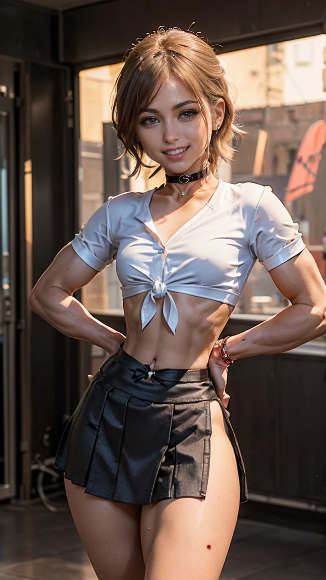 (Muscular:1.9), (thick thighs:1.7), 
woman, (big smile:1.6), small breasts,
eyeshadow, lipstick, glasses, (choker, tied shirt, midriff, short skirt:1.8), 
looking at viewer, (three quarter view), upper body view,
rim lighting, detailed skin, detailed eyes