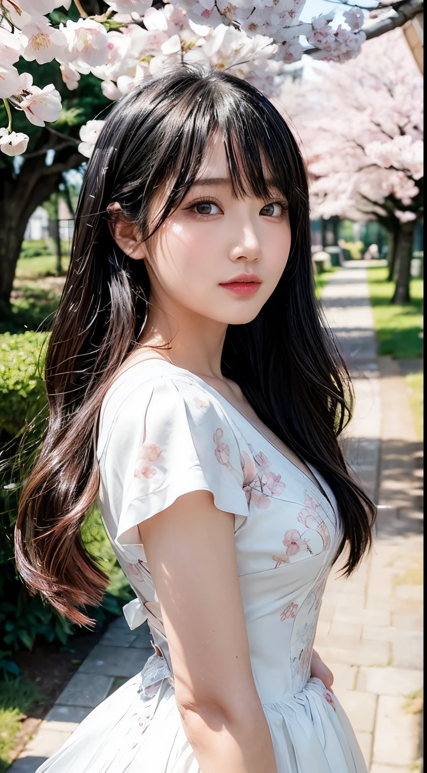 (logo、masterpiece、8k、Tabletop、RAW Photos、wonderful、最high quality、フォトリアリスティックでVery detailedな CG 統合 8k 壁紙、high quality、Very detailed、Narrative poem、Particle Effects、Dynamic Effects、Written boundary depth、Cinematic Light、Lens flare、Ray Tracing)、Fantasy、 (One beautiful woman、dress、dress、Cherry blossom pattern、Black-haired、Beautiful Face、True Face、Beautiful details、eye、Beautiful Skin)、髪がWindで踊る、Hair flutters in Wind、Hair bounces、Pink cherry blossom tree、Petals fluttering、SakuraFubuki、wonderful景色、sunrise、Sun in the background、Wind、