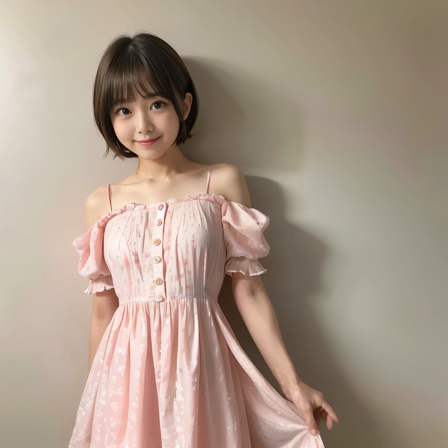 Best-quality, Masterpiece, Ultra-High-Resolution, (Photorealistic:1.4), Raw-Photo, cowboy-shot, leaning forward, upturned ass, 1girl, 15-years-old, the most famous Japanese-idol, wearing light-pink casual-dress with cute patterned and long-sleeves, (extremely cute face like the most popular Japanese idol, ((extremely cute big-eyes)), extremely cute very-short-cut-haired, extremely beautiful skins), extremely beautiful skinny-body, innocent-smile