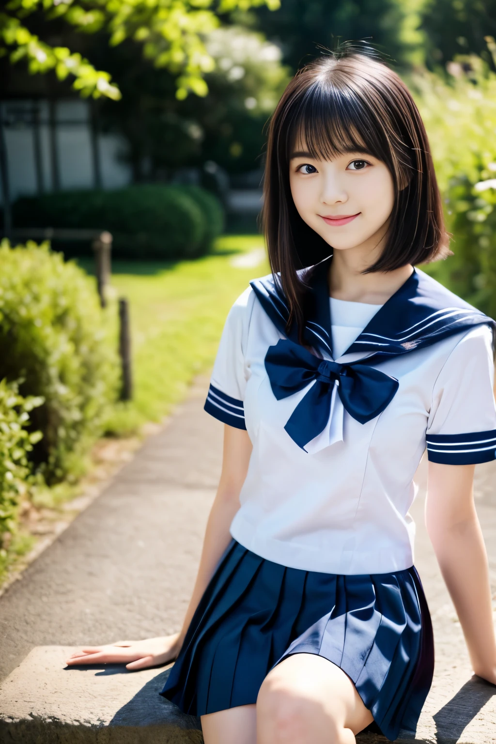masterpiece, highest quality, 8k, 1 girl, (16 years old), Ten generations, smile, One Japan Beauty, (Super cute idol-like face:1.2), Delicate girl, Black Hair, Middle bob hair, Straight hair, bangs, View your viewers, Frank, Sophisticated, Professional Lighting, Film Grain, whole body, Beautiful appearance, In the background is beautiful countryside, green forests and blue skies., (White shirt, Sailor , navy pleated skirt:1.2), Small breasts, Sit on a bench,