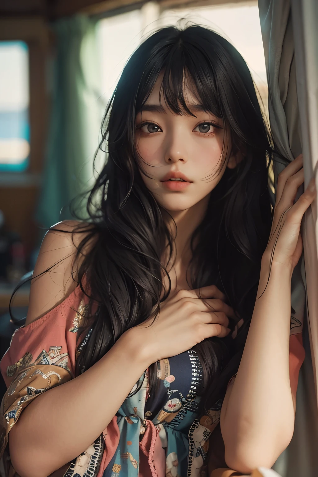 Araped woman wearing multi-colored dress with long black hair, curtain bangs, No makeup, wavy hair, Madison Beer, without makeup, 중앙에서 분리된 curtain bangs, Profile picture, Use Instagram Filters, Subtle soft and dim light, Pose looking back at the beach, perfect face, julia sardinian, perfect hands, Random Actions, coastline, clear sky,