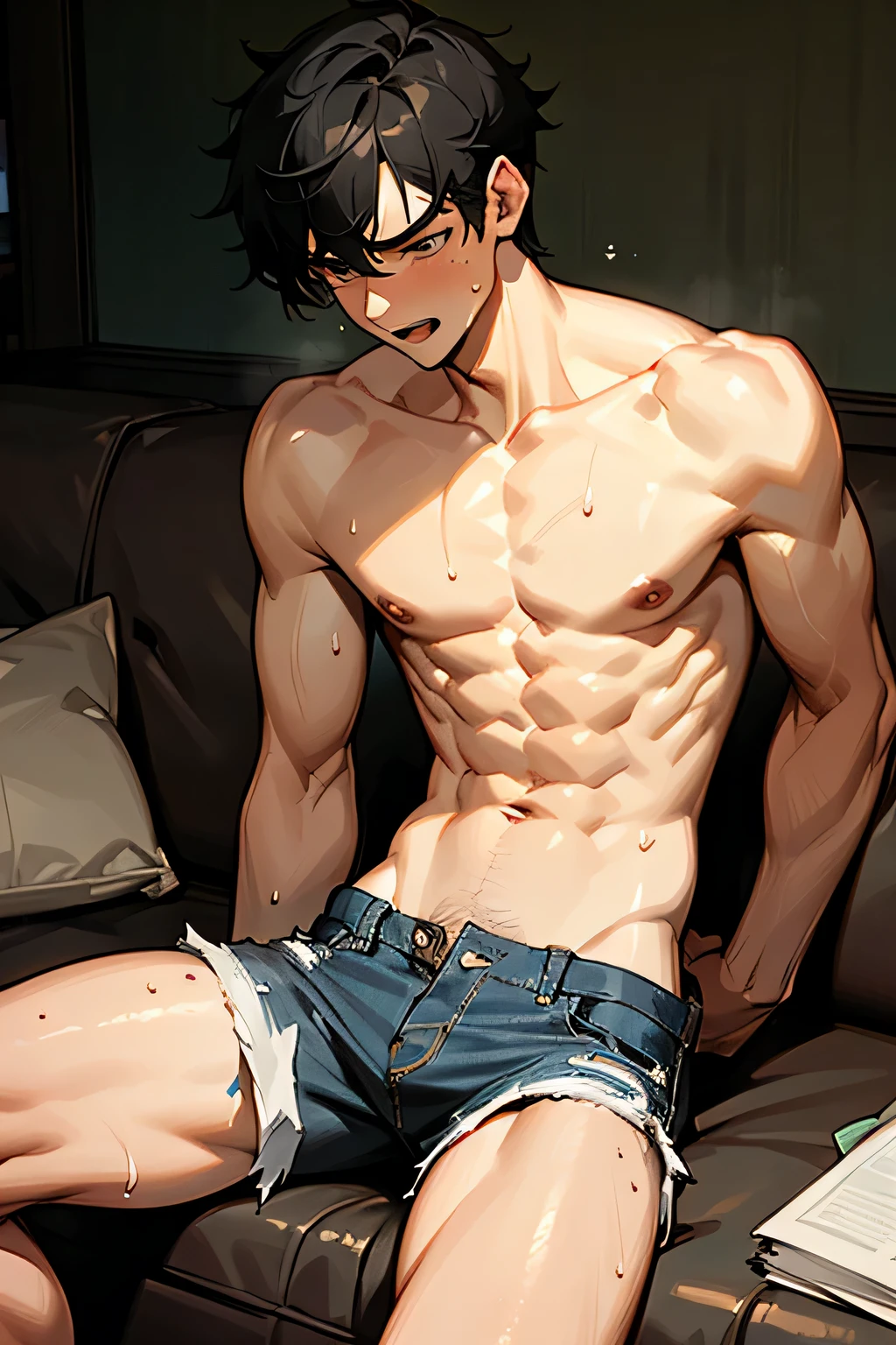 shirtless handsome manly short black hair caucasian male in tattered short jeans and sneakers, shirtless, sweating profusely, drenched with sweat, exhausted, panting, sitting on the sofa, at home