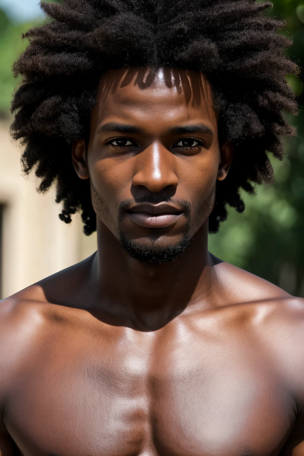 1homme, frizzy shiny dark black hair, les yeux marrons, oreilles africain , flat nose, regardant la camera en face, 4K resolution