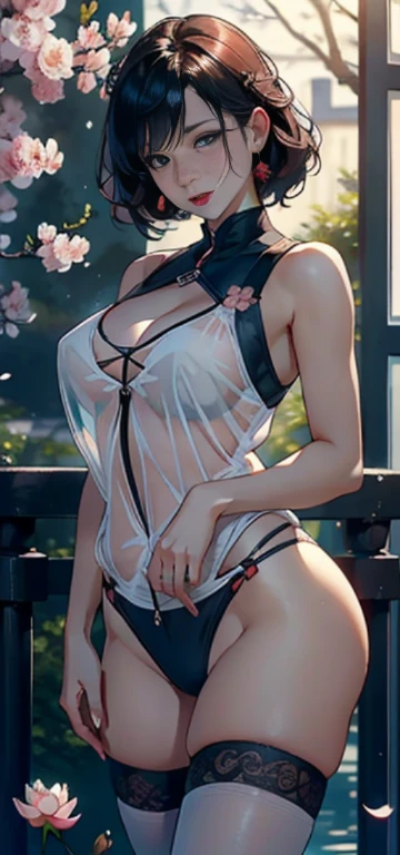 1 female,35 years old,Married woman,MILF,Plum,Very large breasts, solo,(background:pond,Cherry blossom forest,lotus)Stand up, She has short red hair,从front看,, partly cloudy,(((masterpiece),(Very detailed CG unified 8K wallpaper),Best quality,Movie Lighting,細緻的background,Beautiful and delicate eyes,Smart pupils,black eyes,Snow-white skin,Red lips(Very delicate and beautiful),(Beautiful and detailed description of the eyes),Ultra Detailed,masterpiece,))Facing the camera,high resolution,Ultra Detailed),Exposing breasts,only genitalia, Convex,Legs open,Convex起性感,camel toe,longing unsatisfied,front,navy,,(Wear:transparent ,see-through sailor suit,only ,)