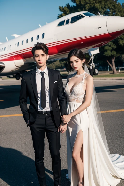 Practical, Long Shot, 4K, high detail, high quality, a portrait of a man(23 years old) Wearing a suit(in the middle) and two girls in extravagant dresses, permanent, Perfect proportion, close, spouse, Be close to each other, Perfect anatomical structure, Perfect background, perfect face, Delicate face, Perfect body, Looking at the camera, In front of a private plane, outdoor