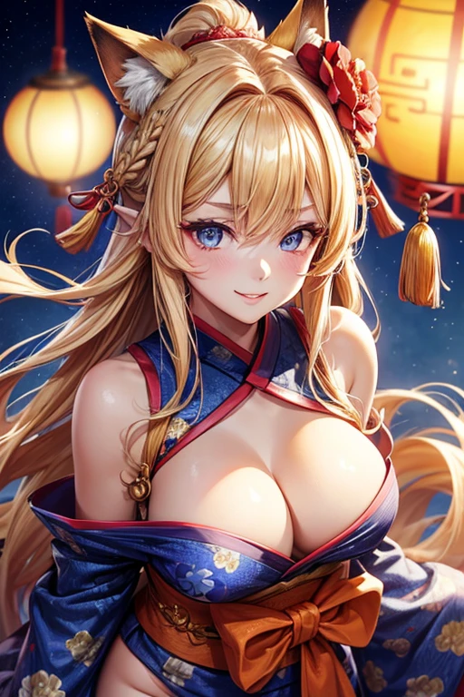 A portrait of a radiant adult woman with a warm smile directed at the viewer, Her long blonde hair is straight(blonde hair with frensh braid)(hair red flower)((hime cut)),"Her hairs are hidding her ears", Her eyebrows are small and refined, captivating purplish-blue eyes with bold red eyeshadow applied generously at the bottom of her eyes, Her facial features are delicate and finely shaped with a small refined nose and full lips, large and tall fluffy fox ears in vibrant orange with black tips, Woman body set big breasts((accentuated large hips)), "nine tail fox", She wears a wide traditional blue yukata adorned with intricate floral patterns(blue yukata),the background features a vibrant Chinese New Year celebration, lanterns, fireworks, traditional decorations, beautiful scenery,(Masterpiece, best quality, ultra-detailed),8k ultra-detailed features