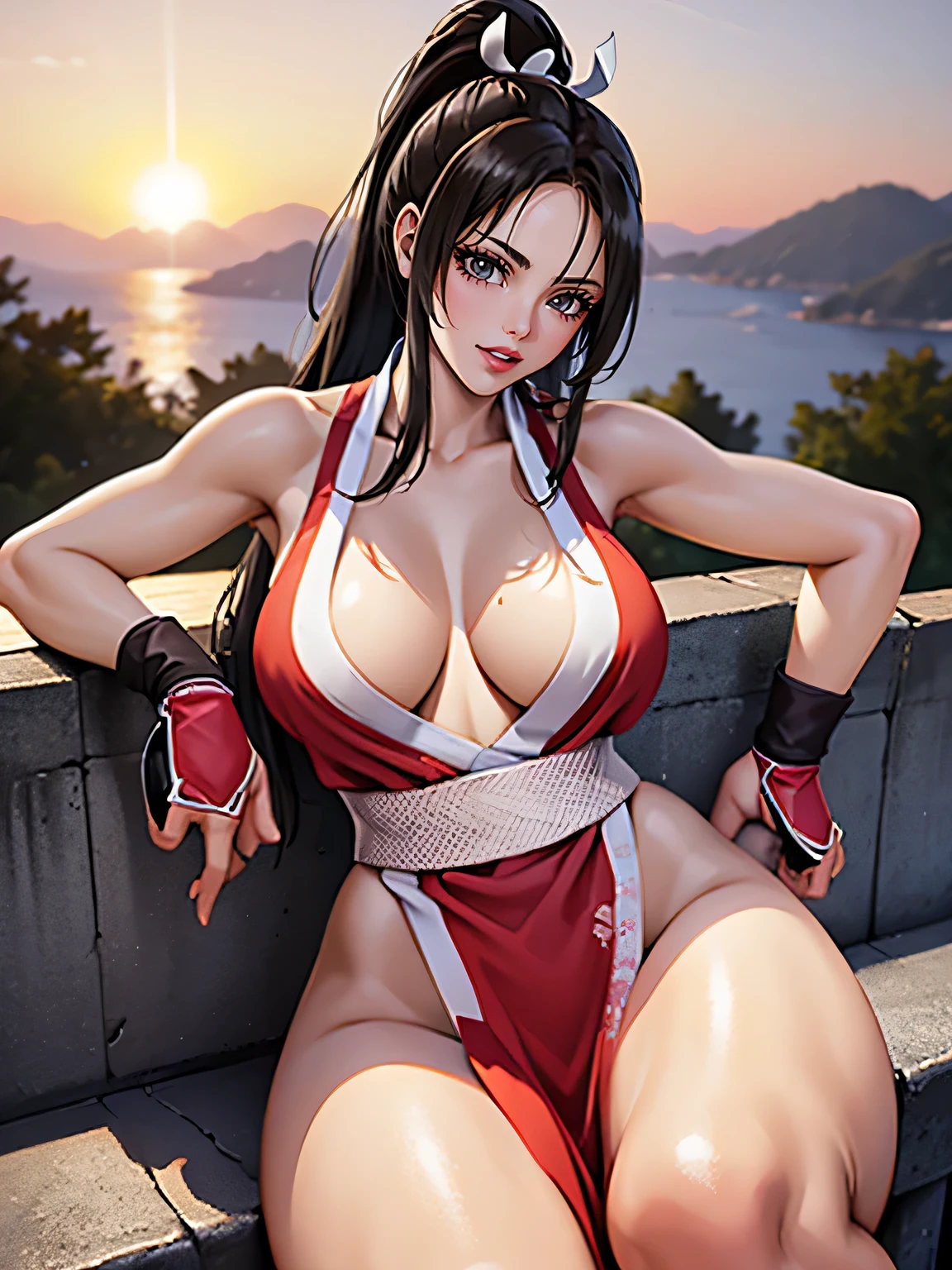 (Best quality,4k,8K,a high resolution,masterpiece:1.2),realistic,ultra detailed,sexual,Cute expression,((naked)),((big 1.2)),sitting,daijo,dynamic action pose,power and authority,fatal blows and parries,strong female protagonist,confusion in her eyes,confident and fearless,scenic sunset lighting,Bright colors,muscular build,slim and fit figure,epic fantasy work, sexual,Japanese dajō