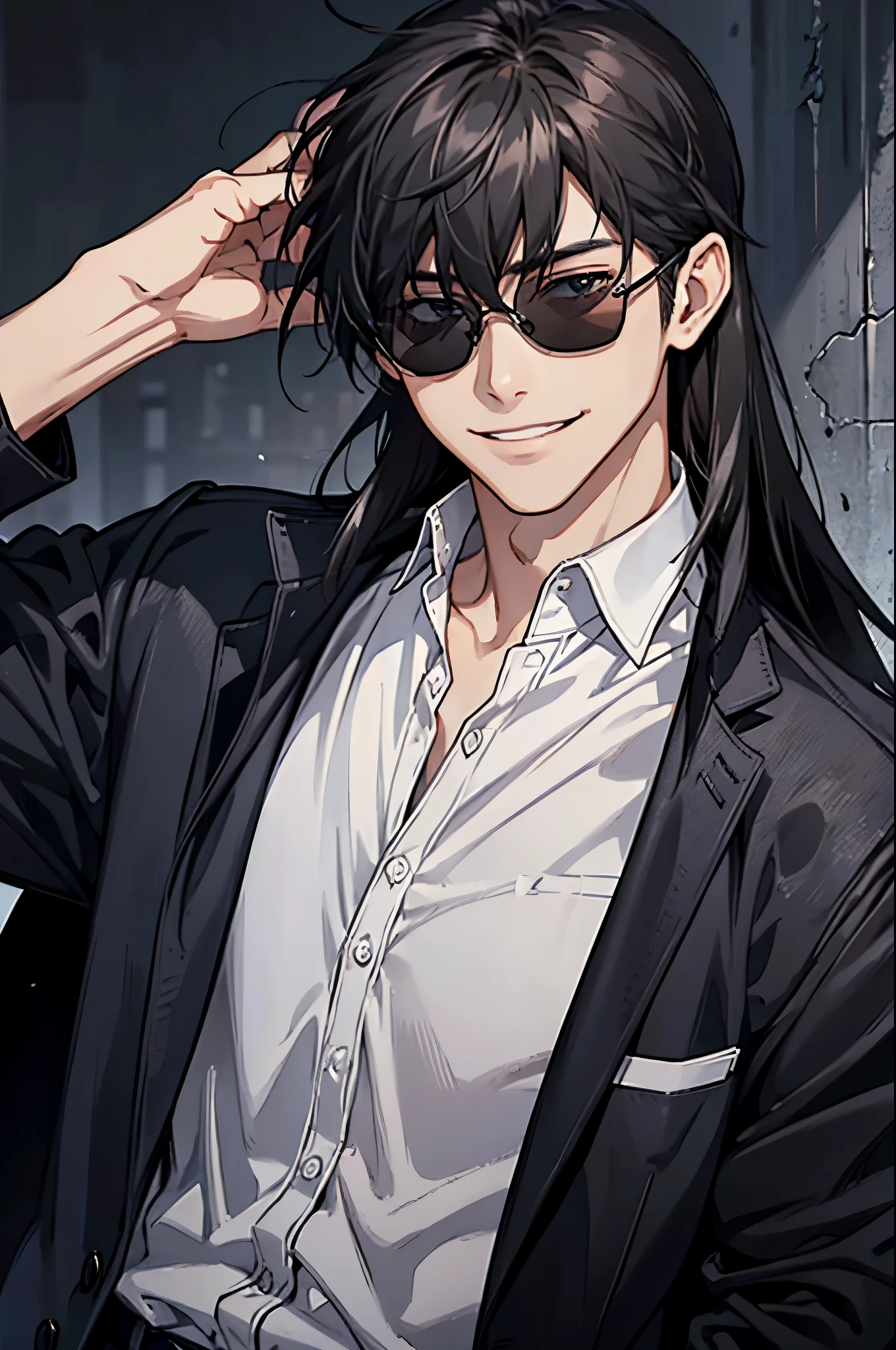 Dark Background、Mature Men、One male、Black Hair、((sunglasses))、Fearless smile、smile、long hair