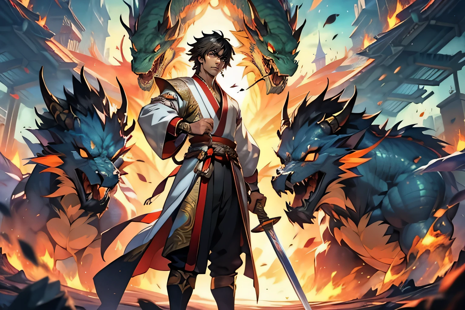 Anime character standing in front of a giant dragon holding a sword, Cool Anime 8K, Handsome guy in the art of slaying demons, Onmyoji detailed art, author:Yang Jie, epic anime style, Anime epic artwork, Keqing from genshin impact, Anime style 4K, Inspired by Kanebo, 4k comics wallpaper, Dragon King