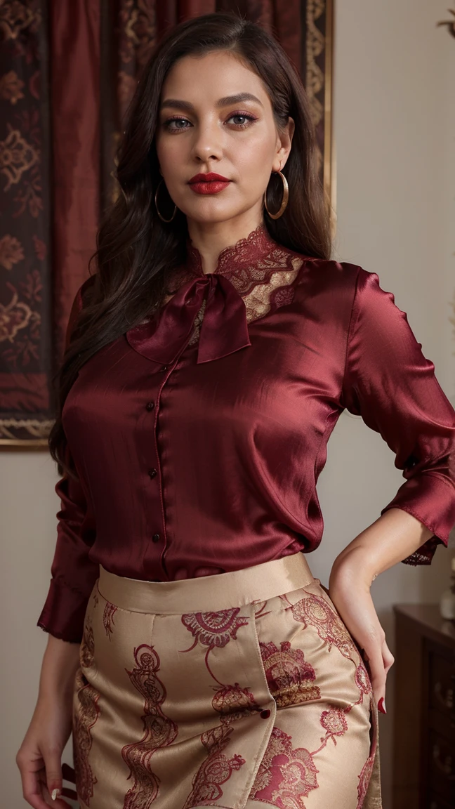 A gorgeous 45-year-old woman, mature curvy figure, (((wearing Indian marron silk blouse, lace))), (((maroon silk skirt))), (((detailed silk blouse and silk skirt))), (((red lipstick))), (((earring's))), black hair, is styled in a traditional manner, curvy, chubby skin, realistic skin is a testament to her natural beauty, Her attractive eyes and lips are accentuated by a deep red lipstick, completing her stunning look.