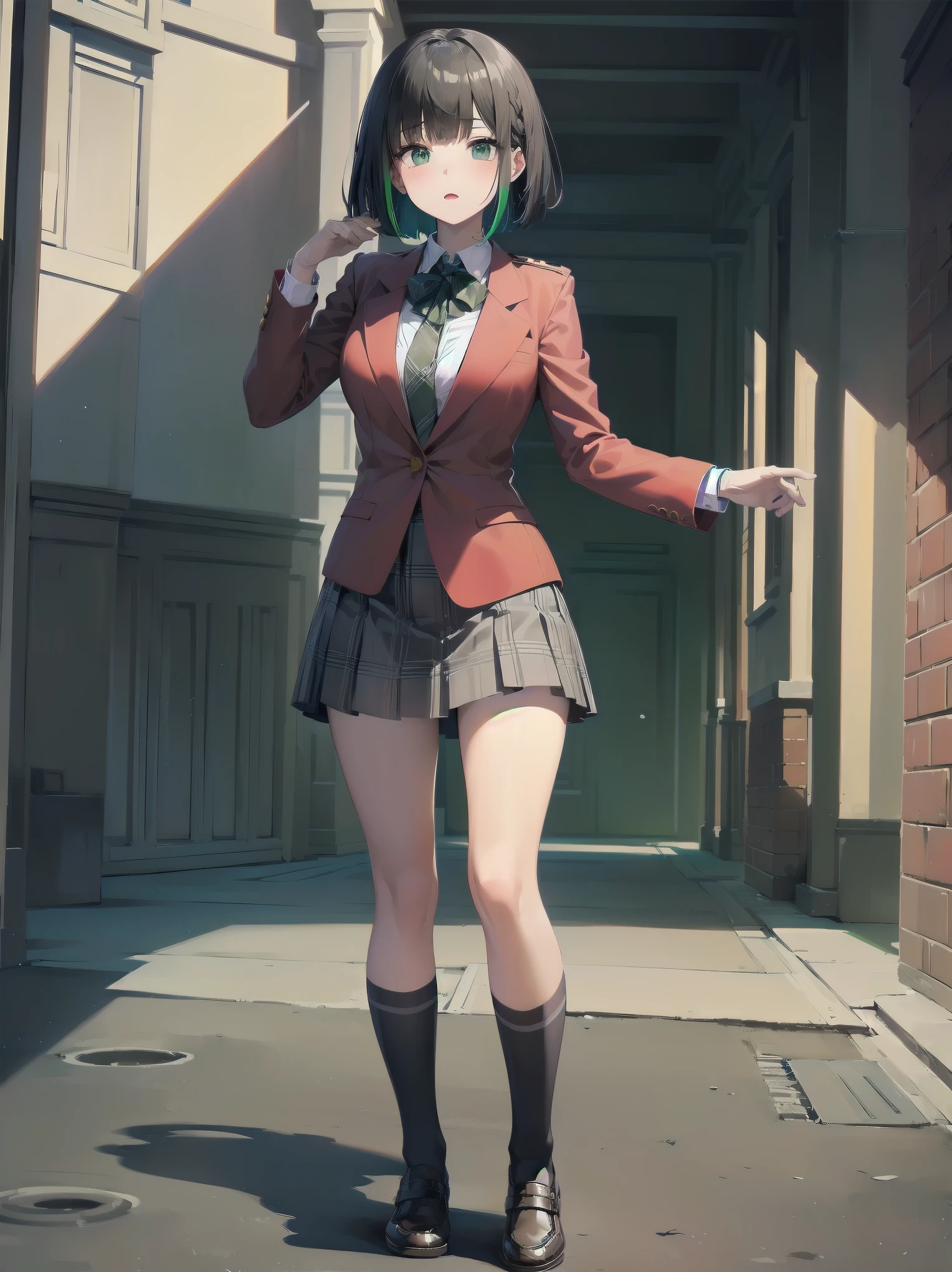 Top-High quality、Highest quality、masterpiece、High Contrast、Colorful、Elegance、Sexy expression、high school girl、Beauty、Bob cut braids、uniform、(red blazer)、Ribbon tie、(Green and gray plaid skirt)、(black tightovie-like shadows、fine shading、cute、Truly unbelievably cute absurd、outside、School trip、national treasures、Traditional buildings、blue sky