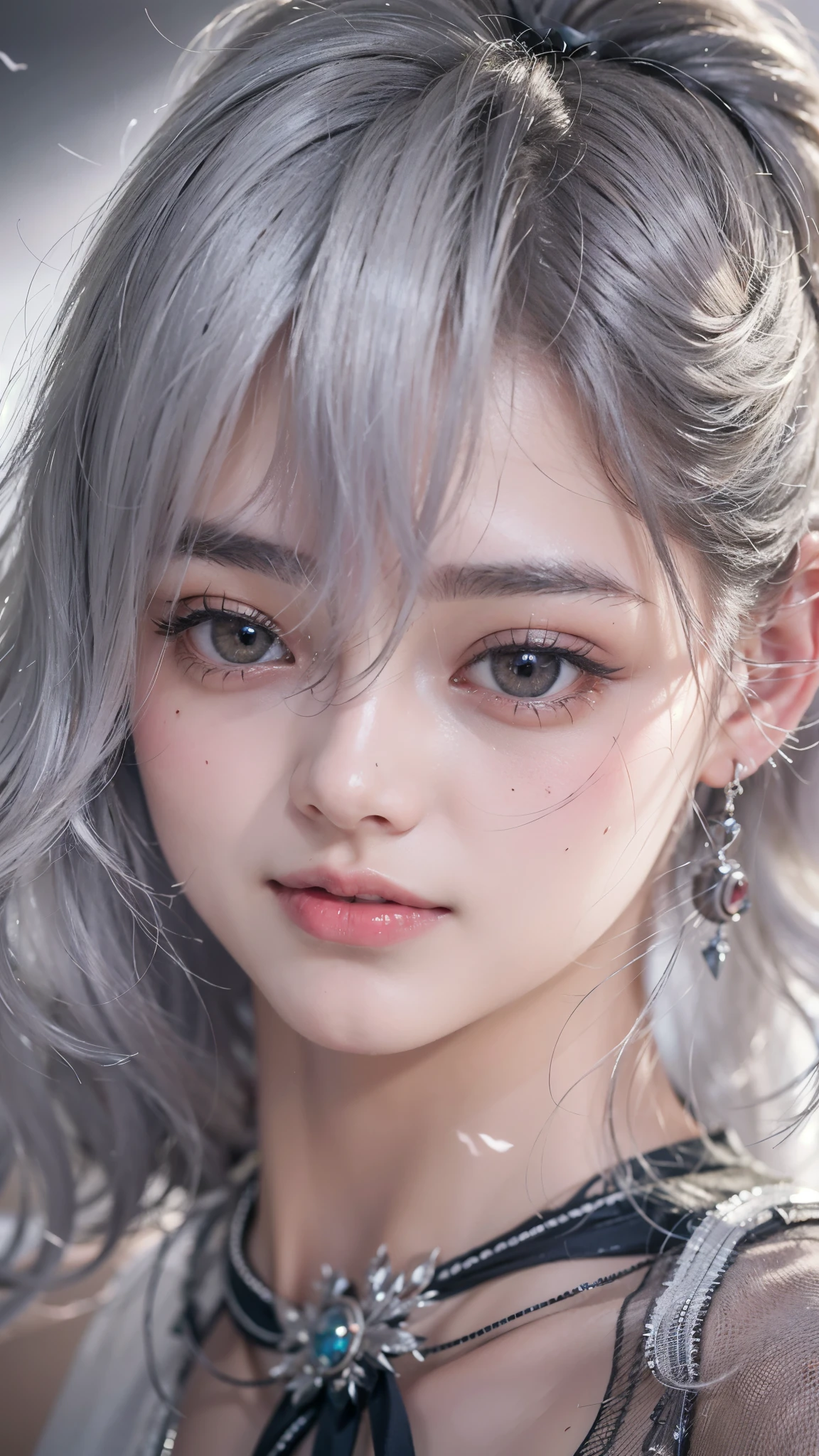 Scene portrait、Beautiful Skin、Beautiful eyelashes、High level of image quality、1 girl，Upper part of the body，on the thigh，(lace transparent)，Attractive、darker lighting、Silver hair、Hair blowing in the wind、shortcut、Later、ponytail、Smile、Show your whole body、All around 20 years old、Ren Hao、(8k、Original Photography、Top quality、masterpiece:1.2)、Ultra Detailed、Super Resolution、(Surreal:1.4)