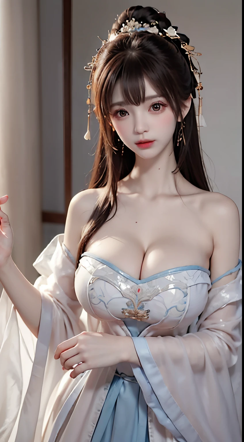 ,Ancient costumes with Hanfu open V-chested clothes ,(quality、tmasterpiece:1.2), sweet girl,pigtails,silvery white hair、Smooth skin、Beautiful mouth、(beautiful postures),(Chinese style translucent pocket cloth),Translucent light purple gold gorgeous Chinese cheongsam,themoon,Lying in the snow,Sit Pose,Visible on the back,((Super big and soft breasts:1.6)),Accent strapless,Clear silk scarf,Translucent white plush shawl,red and white petals,natta,ellegance,The lateral chest is visibleultra high resolution,Ultra-clear Chinese antique style black flowing hair with a delicate bun)By bangs,(Long flowing hair,With a bun:1.3)), open V-chested clothes royal, Wet body of thin silk fabric, Thin silk lace dress, (huge ,cleavage),, white pink, blue ,best qualtiy,tmasterpiece,ultra high resolution,(Realism:1.4),RAW photogr,(True skin texture:1.3),(filmgrain:1.3),(Selfie angle),1个Giant Breast Girl,Beautiful eye and face details,tmasterpiece,Best quality at best,,The chest more exposed, detailed hair, bra pink , detail 8k, upper body,,Delicate collarbones,beautiful make up,Exquisite and perfect facial features,,Big watery eyes,Lying silkworm,Long eyelashes,The eyes are sweet and have eye shadow,Slim waist,Do not show your hands,,lipsticks,Blushlush,Delicate earring earrings