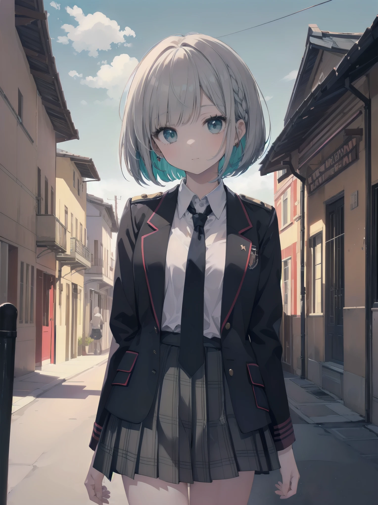 Top-High quality、Highest quality、masterpiece、High Contrast、Colorful、Elegance、Sexy expression、high school girl、Beauty、Bob cut braids、uniform、(red blazer)、Ribbon tie、(Green and gray plaid skirt)、(black tightovie-like shadows、fine shading、cute、Truly unbelievably cute absurd、outside、School trip、national treasures、Traditional buildings、blue sky