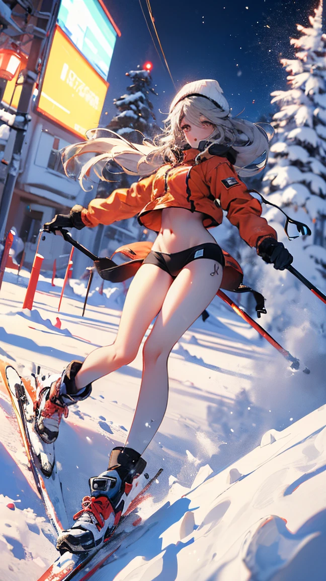 Dynamic poses, Full body image, Ultra wide angle, Girl wearing fluorescent red clothes skiing in the snow, Meticulous attention to clothing and fashion, action, Gym_, Exposing the belly, (Slim:1.1), (Long legs:1.3), (Slim legs:1.2), Background is snow, 3D Rendering, Overclocking Renderer, 8k