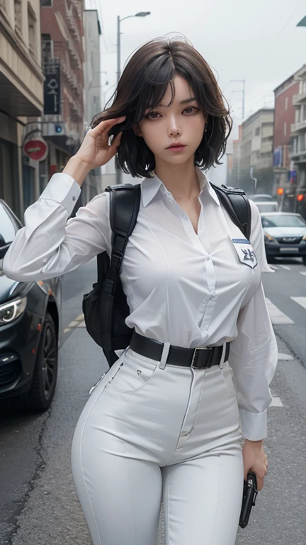 ((best quality, 8k, masterpiece: 1.3)), sharp: 1.2, Perfect body beauty: 1.4, Slim abdominal muscles: 1.2, ((Layered Hairstyle, Extra-large breasts: 1.2)), (wet White Button Long Shirt: 1.1), (Bulletproof police car, street: 1.2), wet: 1.5, Highly detailed face and skin texture, Delicate eyes, Double eyelids, Look sideways at the camera, White, tall and big, Army insignia, bulletproof vest, walkie talkie, Female soldier aiming pistol at camera, Armed at all points, Black leather pants, Special Forces,