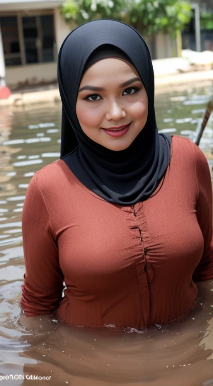 gravure, from the chest up, masutepiece, Best Quality, Ultra-detailed, Photorealistic, super detailed skin, Perfect Anatomy, (1 Malaysian), (Solo), 84 years old, Large breasts, Malaysian Hijab actress, satin red hijab, glamor, A sexy, Chromo-white skin, Looking at Viewer, Being in a flooded village, High flood water at the central level, Flooding chest level, VERY DEEP FLOODING, The flood outside the house is very high, Thick pubic hair & smile, The flood rose up to shoulder level.