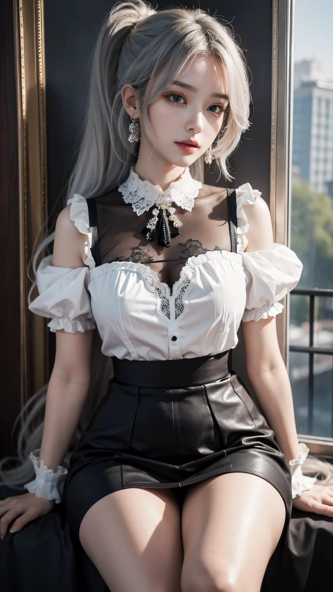Scene portrait、Beautiful Skin、Beautiful eyelashes、High level of image quality、1 girl,Upper part of the body,on the thigh,(lace transparent),Attractive、darker lighting、Silver hair、Hair blowing in the wind、shortcut、Later、ponytail、Smile、Show your whole body、All around 20 years old、Ren Hao、(8k、Original Photography、Top quality、masterpiece:1.2)、Ultra Detailed、Super Resolution、(Surreal:1.4)