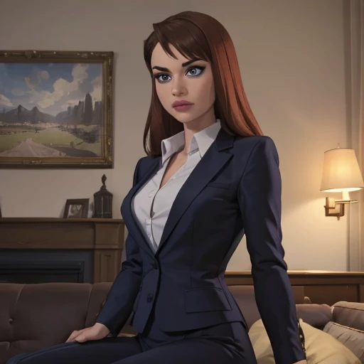 (masterpiece, high quality) 1woman and 1 man, (woman  with formal business suit, shirt, pants, solo , looking at viewer, perfect face, suits Navy blue, crystal blue eyes, eyelashes, makeup, sitting on a leather black luxurious sofa, office, skyscraper, full body, she is the boss، one leg to the side),  (the man is bruce wayne standing near her)