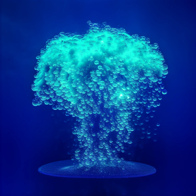 Clean bubbles form in the shape of a nuclear cloud with a lot of bubbles around it，Underwater background，A large number of bubbles exploded，Lots of tiny irregular bubbles， (realism:1.5), original photo, Deep shadows, Cold Light，Details，best quality, masterpiece, Ultra-high resolution,Blue tint，Uniform hue