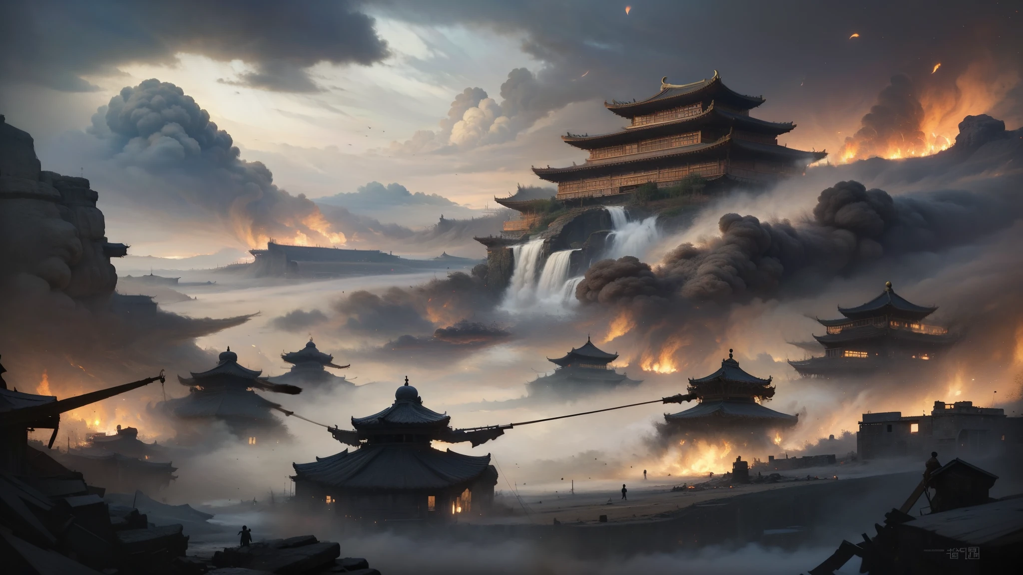 Image of a group of people in front of the castle of Alafud, author:Yang Jie, An ancient city engulfed in fire, chengwei pan on artstation, Traditional Chinese Concept Art, Epic fantasy digital art style, author Victor Wang, epic fantasy artwork, Feudal Chinese art, 《Medal of Honor》Character Concept Art, g liulian art style, Anime epic artwork