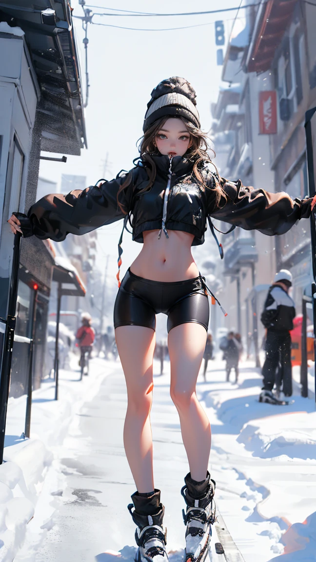 Dynamic poses, Full body image, Ultra wide angle, Girl wearing fluorescent red clothes skiing in the snow, Meticulous attention to clothing and fashion, action,_, Exposing the belly, (Slim:1.1), (Long legs:1.3), (Slim legs:1.2), Background is snow, 3D Rendering, Overclocking Renderer, 8k