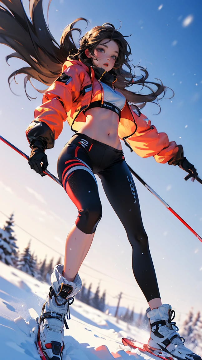 Dynamic poses, Full body image, Ultra wide angle, Girl wearing fluorescent red clothes skiing in the snow, Meticulous attention to clothing and fashion, action,_, Exposing the belly, (Slim:1.1), (Long legs:1.3), (Slim legs:1.2), Background is snow, 3D Rendering, Overclocking Renderer, 8k