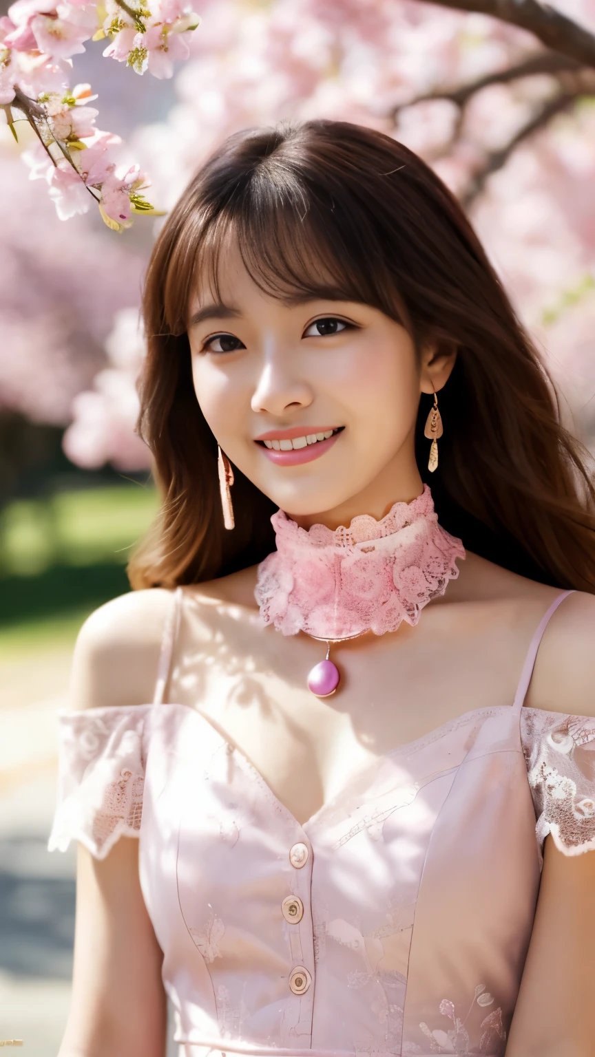 ((((highest quality))))、(((Ultra-precision CG16K wallpaper)))、(((masterpiece)))、(((Very detailed)))、(((Extreme detail)))、1people々'woman、成熟didwoman、25歳のwoman、((The Face of Japan))、((Very beautiful face))、((did:1.5))、((Soft wave semi-long hair:1.3))、(Trendy dresses)(Shiny Hair)、Bangs up to eyebrows、Beautiful black hair、Beautiful and delicate eyes、Brown eyes、raise an eyebrow、High nose、Small nostrils、Small Mouth、Seductive fat slightly opened、Beautiful breasts、C cup size breasts、Cleavage、ふっくらとdid体、perfect ratio、Perfect Anatomy、Perfect composition、Beautiful subtle shadows、Beautiful natural light、Beautiful details sparkle、Written boundary depth、(((High chroma)))、(((Genuine:1.9)))、((vivid:1.4))、((Beautiful Skin))、((Skin Texture))、((Genuineな皮膚感))、(((Cowboy Shot:1.5)))、((Front view angle:1.5))、((smile:1.4))、(The eyes that see me:1.5)、Dazzling sunlight、(((Cherry tree:1.3)))、(Standing pose:1.5)、(((Pink lace mini dress:1.6)))、(((wear a choker:1.6)))、
